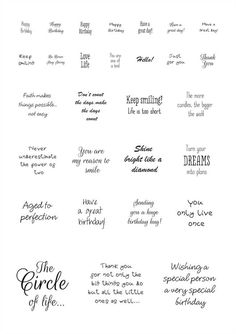 some words and phrases on the side of a sheet of stickers with black ink