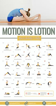 a woman doing yoga poses with the words motion is lotion above her and below her