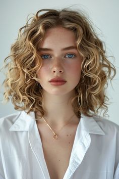 Young woman with curly blonde hair and blue eyes, light freckles, wearing a white shirt and a simple gold necklace. Shoulder Length Hair Wavy Natural Blonde, Wavy Hair Long Bob Haircut, Long Bob Hairstyles For Curly Hair, Short Curly Hair For White Women, French Girl Curly Hair, Curly Bob 2024, Long Bob Hairstyles Curly, Long Bob Hairstyles Curly Hair, Short Bob For Curly Hair