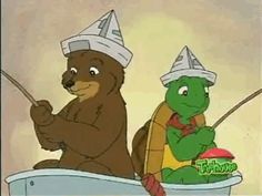 two cartoon bears sitting on top of a bath tub with food in their hands and one bear wearing a party hat