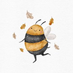 a watercolor painting of a bee flying through the air with lots of leaves around it