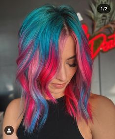 Colorful Hair Highlights, Pops Of Vivid Hair Color, Vibrant Color Highlights, Ombre Vivid Hair Color, Medium Length Vivid Hair, Neon Hair Color Ideas, Pinwheel Hair Color Ideas, Neon Teal Hair, Fun Hair Colors