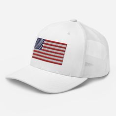 Show off your American pride with our America Flag Trucker Hat! This classic white hat features a vibrant embroidered American Flag on the front, making it a standout piece for any patriotic event. Designed with a breathable mesh back and an adjustable snap closure, this Patriotic trucker hat ensures all-day comfort and a perfect fit. Whether you're at a summer barbecue, out on a hike, or simply running errands, this hat is perfect for showing your patriotism year-round. Show your love for the U White Trucker Hat For Summer, White Trucker Snapback Hat For Summer, Memorial Day Adjustable Snapback Baseball Cap, White Patriotic Snapback Hat With Flat Bill, Mesh Hats For Sports Events In Summer, Summer Mesh Hat For Sports Events, Summer Patriotic Trucker Hat With Curved Brim, Patriotic White Snapback Baseball Cap, Patriotic White Snapback Hat