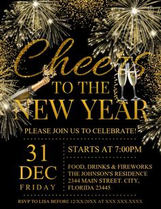 a black and gold new year's eve party with champagne glasses, fireworks and cheers to the new year