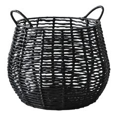 a black basket that is sitting on top of a white surface with the handles down