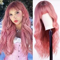 49187770400928 Straight Layered Wig, Wavy Wig With Bangs, Cute Wigs, Layered Wig, Long Wavy Wig, Bangs For Women, Wavy Wigs, Blonde Wigs, Ombre Pink