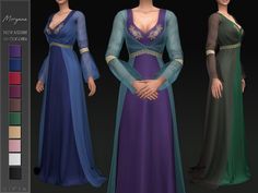 three different colored gowns with long sleeves