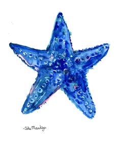 a blue starfish with bubbles on it's body is shown in this watercolor drawing