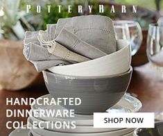 plates and bowls stacked on top of each other with the words pottery barn handcrafted dinnerware collections shop now