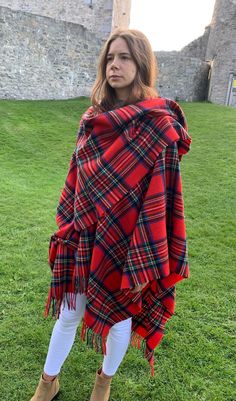 "Irish Pure Lambswool Cape, Ruana, Wrap , Shawl - 100% Pure New Wool -Royal Stewart Tartan/Plaid Check -Supersoft -HANDMADE IN IRELAND Our luxury capes are elegantly stylish and wrap you in warmth. They can be worn in all seasons and can cover a multitude of sins! They are both practical and hard wearing and their versatility means they look fantastic in the town or country and work for both special occasions or for every day wear. - Extremely versatile wrap, - Can be worn so many ways - Can be Tartan Shawl, Irish Clothing, Ruana Wrap, Royal Stewart Tartan, Stewart Tartan, Killarney, Evening Walk, Wrap Shawl, Tartan Plaid