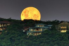 the full moon rises over houses on a hill