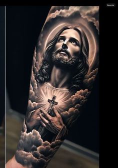 Religious Arm Sleeve Tattoos, Memorial Back Tattoos, God Tattoos Men, Jesus Tatoos Ideas, Jesus Tattoo Men, Jesus Piece Tattoo, Black Jesus Tattoo, Jesus Sleeve Tattoo, Jesus Christ Tattoo Designs