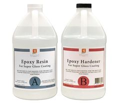 two bottles of epoxy - resinin for super gloss coating are shown side by side