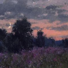 an oil painting of trees and flowers in the distance with a sky full of stars