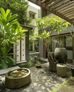 an outdoor courtyard with potted plants and water features