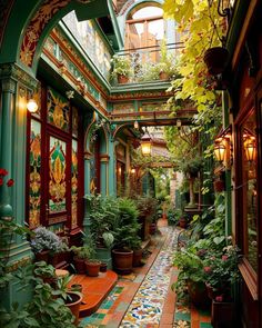 an indoor courtyard with many potted plants