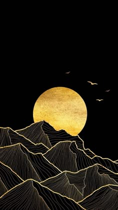 the sun is setting over mountains and birds are flying in the sky above it, with gold foil on black paper