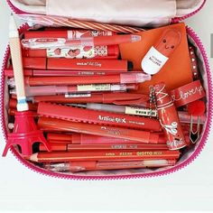 a pink case filled with lots of different types of lip glosses and lipstick brushes