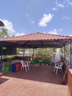 a covered patio area with chairs and plants on the ground under a blue cloudy sky