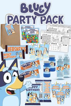 bluey party pack with water bottles, cups and stickers for kids to enjoy