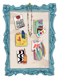 a blue frame with various items hanging on it