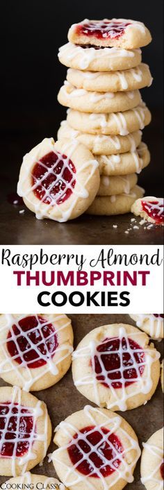 raspberry almond thumbprint cookies stacked on top of each other with the words,'raspberry almond thumbprint cookies '