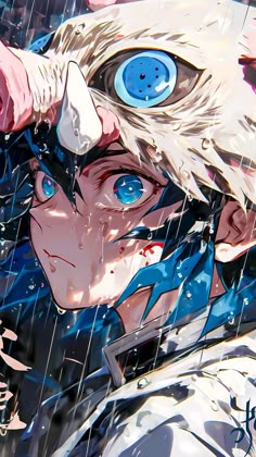 an anime character with blue eyes in the rain