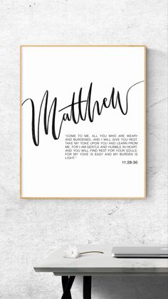 Modern Christian Art Print of Matthew 11:28-30 in hand lettering font as well as the bible verse in normal san serif font. Minimalist wall art in black and white perfect for home decor or as a gift! Lettering Wall Art, Matthew 11 28 30, Wall Art Christian, Christian Artists, Art Christian, Bible Art Journaling, Printable Artwork, Christian Wall Art, Christian Living