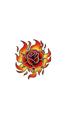 a red rose with yellow flames on it's side and the word love is written in