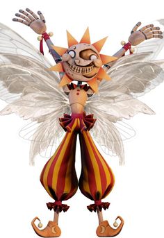 a cartoon character dressed as a clown with wings and legs, wearing a striped outfit