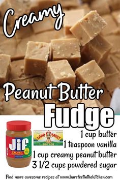 peanut butter fudge recipe with text overlay that reads creamy peanut butter fudge