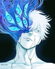 an anime character with white hair and blue eyes wearing feathers on his head in front of a black background