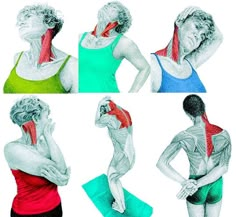 four different views of a woman holding her neck