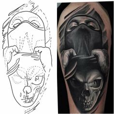 two different tattoos, one with a skull and the other with a mask on it