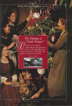 an advertisement for the christmas tree with women decorating it