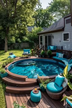 an above ground pool surrounded by furniture and trees