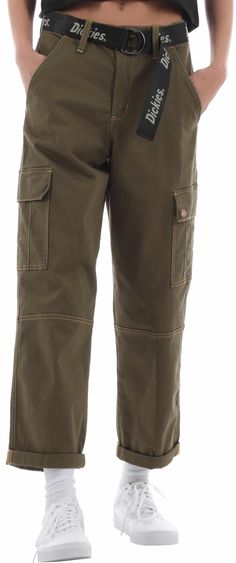 Made for everyday style, the Dickies Women's Contrast Cropped Cargo pants are perfect for staying comfortable while remaining functional. Built with a casually cropped, rolled hem in a relaxed, high rise fit. Featuring contrast stitching, six pockets throughout and signed off with Dickies signature branding. Khaki Dickies Outfit Women, Worker Pants Outfit, Military Olive Cargo Pants With Side Pockets, Olive Military Cargo Pants With Side Pockets, Utility Olive Cargo Pants With Side Pockets, Olive Utility Cargo Pants With Side Pockets, Olive Cargo Pants With Pockets For Workwear, Green Cotton Work Pants With Multiple Pockets, Olive Cargo Style Workwear Bottoms