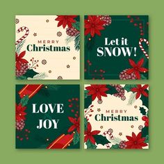 four christmas cards with poinsettis, holly and candy canes on them