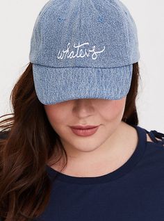 A casual denim hat has matching embroidery for a cool look that has goes-with-everything appeal. 'Whatevs' embroidery. Adjustable tab back. 24” inner circumference. Cotton/polyester/rayon. Imported plus size hats. The best plus size women's denim 'whatevs' baseball cap caps in blue. Trendy Cotton Hat With Curved Brim, Spring Streetwear Curved Bill Hat, Spring Baseball Cap With Letter Print And Curved Brim, Adjustable Trendy Cotton Baseball Cap, Trendy Cotton Dad Hat With Visor, Spring Cotton Dad Hat, Trendy Cotton Baseball Cap With Embroidered Logo, Casual Cotton Baseball Cap With Embroidered Logo, Casual Cotton Dad Hat With Curved Brim