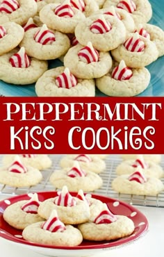 peppermin kiss cookies on a red plate with the words peppermin kiss cookies above them