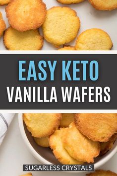 easy keto vanilla waffles in a bowl with sugar on top and the words, easy keto vanilla waffles