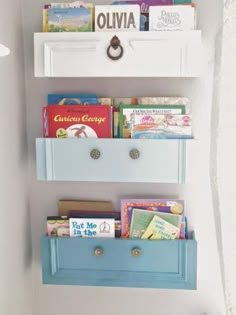 the bookshelf is filled with children's books and other things to read