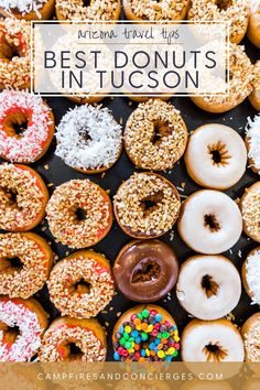 many different types of donuts with sprinkles on them and the words best donut's in tucson