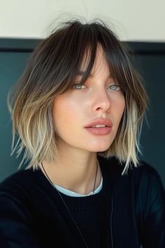 Short Bob Wispy Bangs, Short Balayage Hair With Bangs, Straight Bob With Curtain Bangs, Short Bob Balayage, Shaggy Bob With Curtain Bangs, Cowgirl Bob, Autumn Haircut, Wispy Bob, Blonde Ombre Short Hair