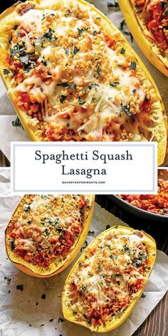 spaghetti and cheese stuffed squash in a baking dish with the title text overlay reads spaghetti squash lasagna