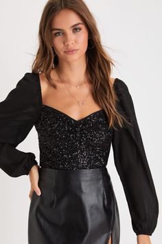 Black Sequin Crop Top - Sequin Top - Sheer Balloon Sleeve Top - Lulus Glamorous Contrast Sequin Fabric For Fall, Sequin Fabric For Night Out In Fall, Glamorous Fall Top With Contrast Sequin, Glamorous Fitted Sequin Fabric For Fall, Glamorous Contrast Sequin Top For Fall, Glamorous Fall Tops With Contrast Sequin, Glamorous Sequin Tops For Night Out, Glamorous Embellished Top For Date Night, Embellished Glamorous Top For Date Night