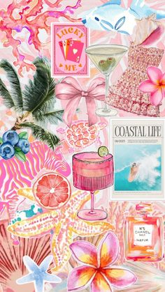 a collage of pink and blue items with flowers, palm trees and other things in the background