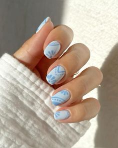 Summer nails, spring break nails, nail inspo, baby blue nails Gel Manicure Ideas Summer, Tile Inspired Nails, Short Blue Nail Ideas, Tile Nail Art, Spanish Tile Nails, Tile Nails, Cruise Nails, Beachy Nails, Boho Nails