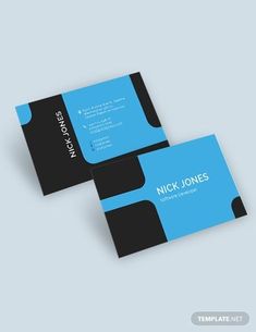 two black and blue business cards on a gray background with the words nick jones written in white