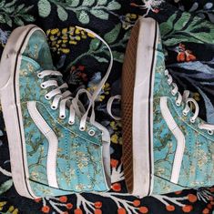 Rare Van Gogh Vans High Tops! Teal With Almond Blossoms Small Scuffs On The Rubber Worn A Few Times But Still Tons Of Life In Them. Vans Shoes High Tops Blue, Vans High-top Hiking Sneakers, Blue Vans High-top Sneakers For Streetwear, Vans High Tops, Vans High-top Cotton Skate Shoes, Blue Vans Sneakers For Skateboarding, Vans High, Rare Vans, Almond Blossoms